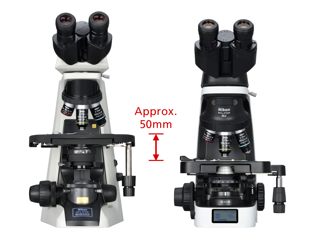 Side-by-side comparison of a conventional Nikon microscope beside the ECLIPSE Si showing the lower stage height difference