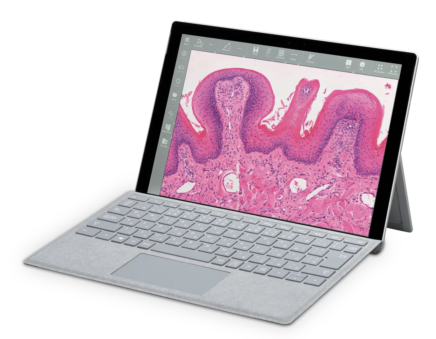 NIS-Elements LE microscope imaging software interface on tablet