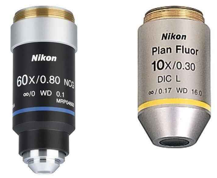 Variety of Nikon objective lenses including Plan Fluor and Plan Apochromat Lambda series