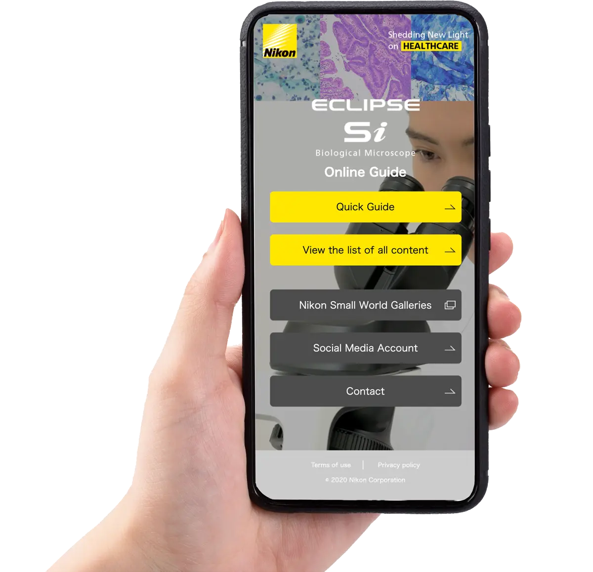 Nikon ECLIPSE Si online operation guide displayed and accessible on a smartphone via QR code
