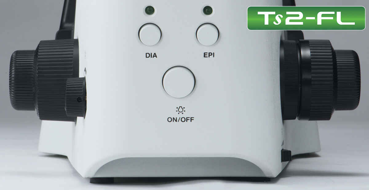 Streamlined front-panel control layout on the Nikon ECLIPSE Ts2, with Diascopic and Epi-fluorescence controls zoned separately