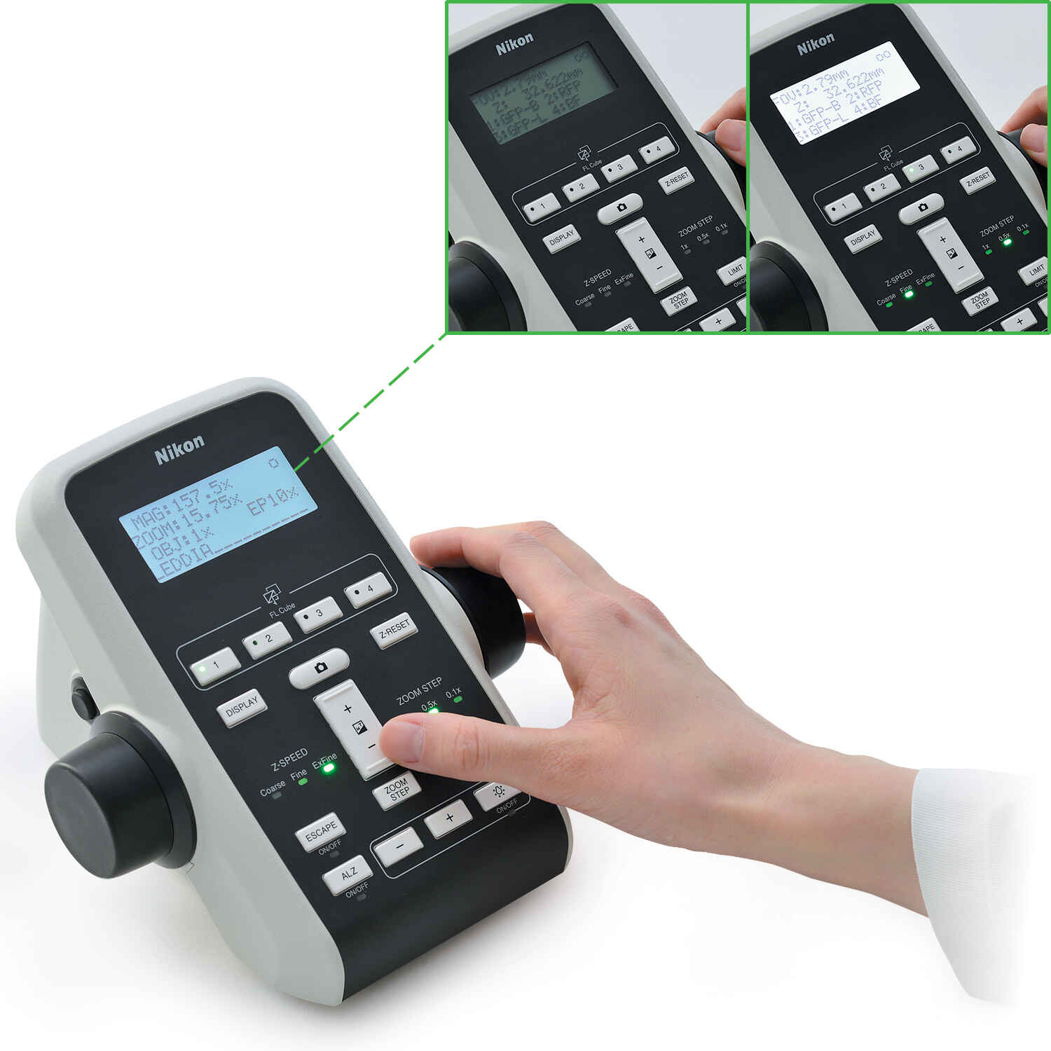 SMZ25 remote controller with LCD monitor showing zoom factor, objective lens, filter cube and LED DIA brightness at a glance