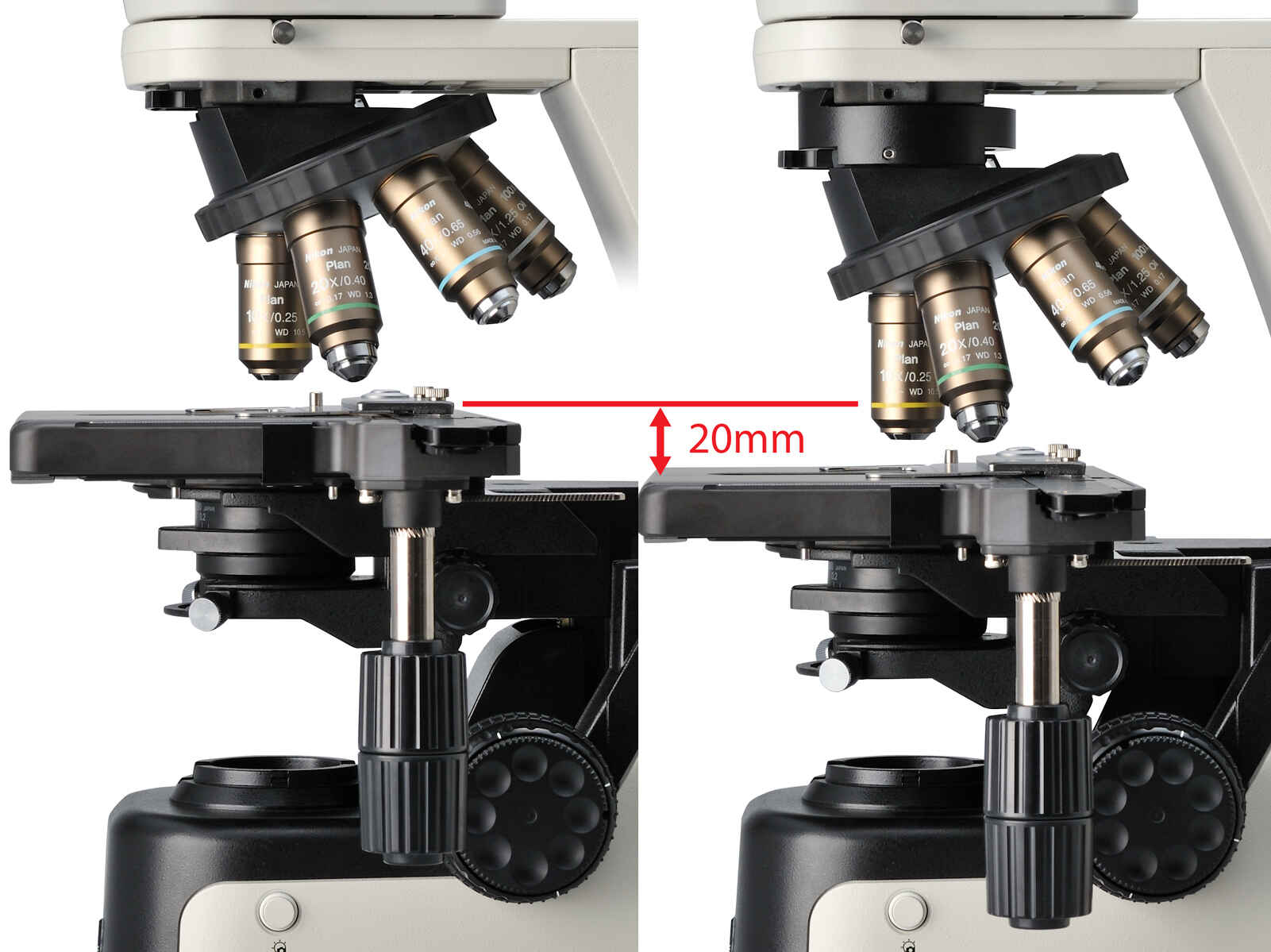 Comparison showing the stage height lowered by 20mm with a nosepiece spacer attached