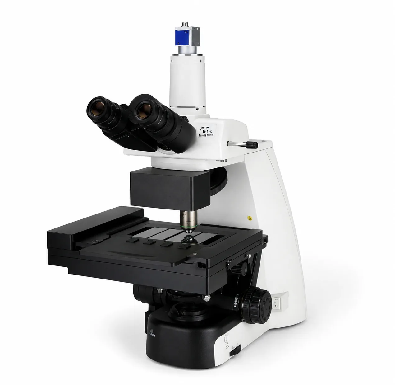 Microscope with motorized XY stage and joystick for standard glass slide analysis